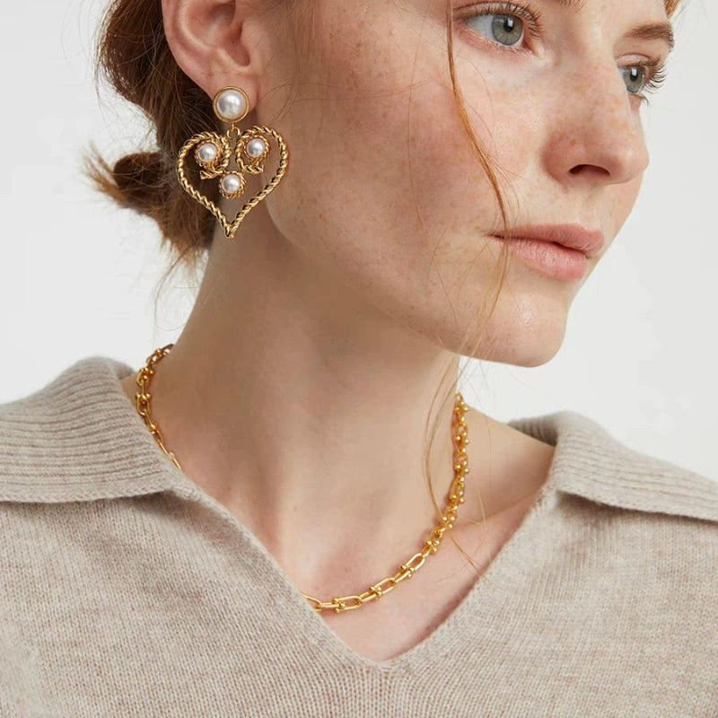 Delphine Heart-Shaped Pearl Hollow Earrings
