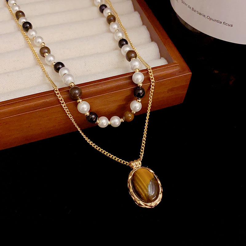 Hilary Double-layer Stacking Pearl and Tiger-Eye Stone Necklace