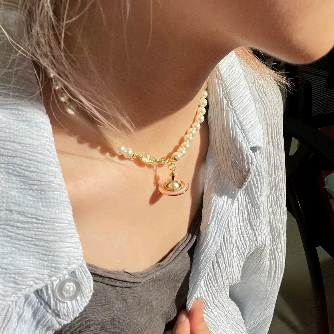 Charlene Enamel Saturn Pearl Necklace