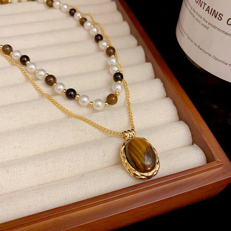 Hilary Double-layer Stacking Pearl and Tiger-Eye Stone Necklace