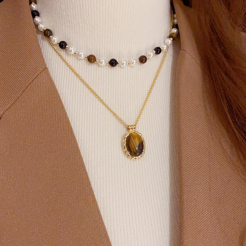 Hilary Double-layer Stacking Pearl and Tiger-Eye Stone Necklace