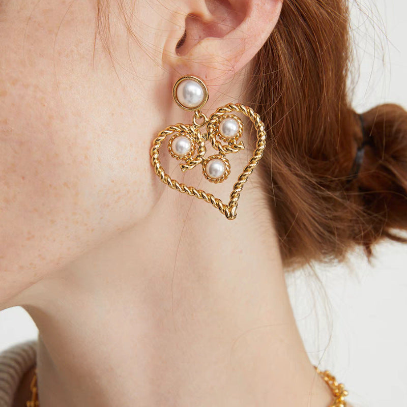 Delphine Heart-Shaped Pearl Hollow Earrings