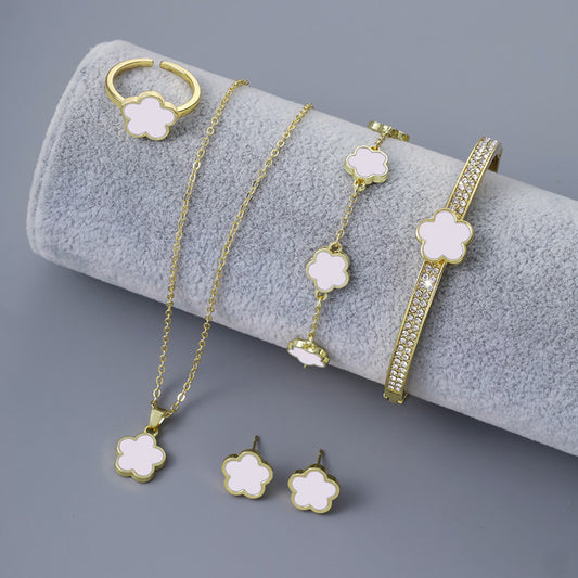 Five Flower Earrings Necklace Ring Bracelet Set