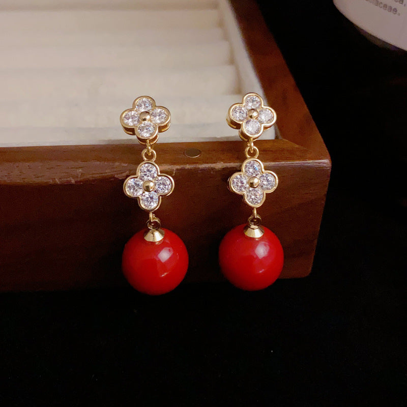 Rosabella Four Leaf Clover Red Pearl Earrings