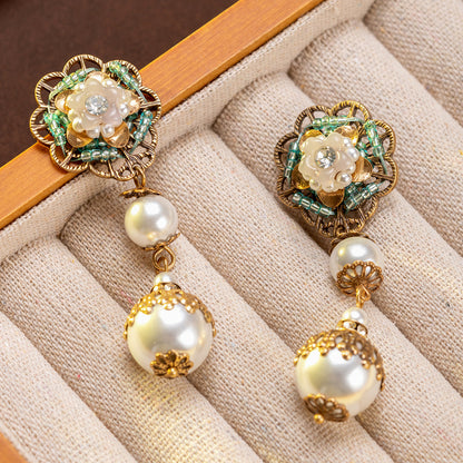 Fatima Vintage Pearl Flower Drop Earrings