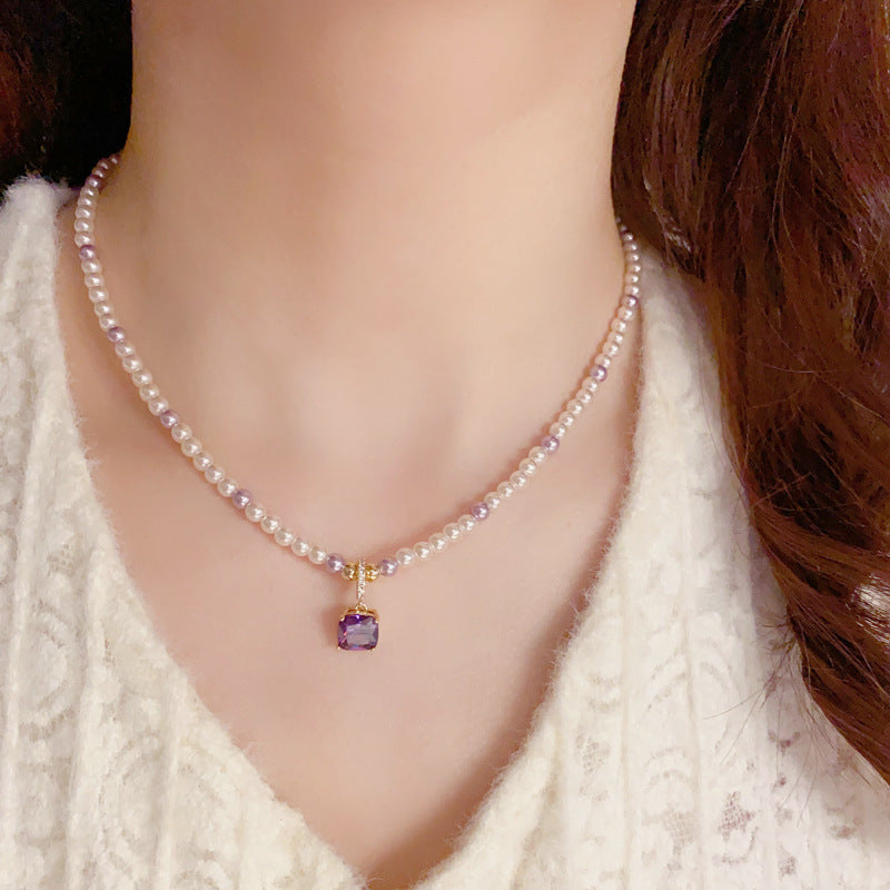 Marissa Imitation Pearl and Square Purple Diamond Pendant Necklace