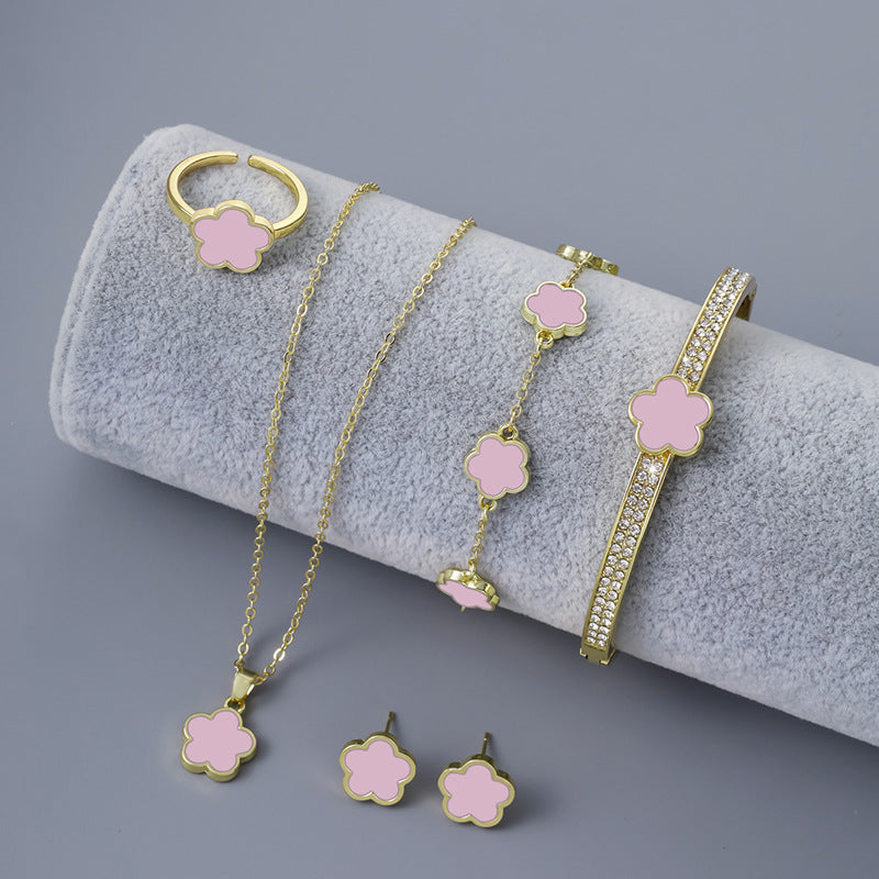 Five Flower Earrings Necklace Ring Bracelet Set