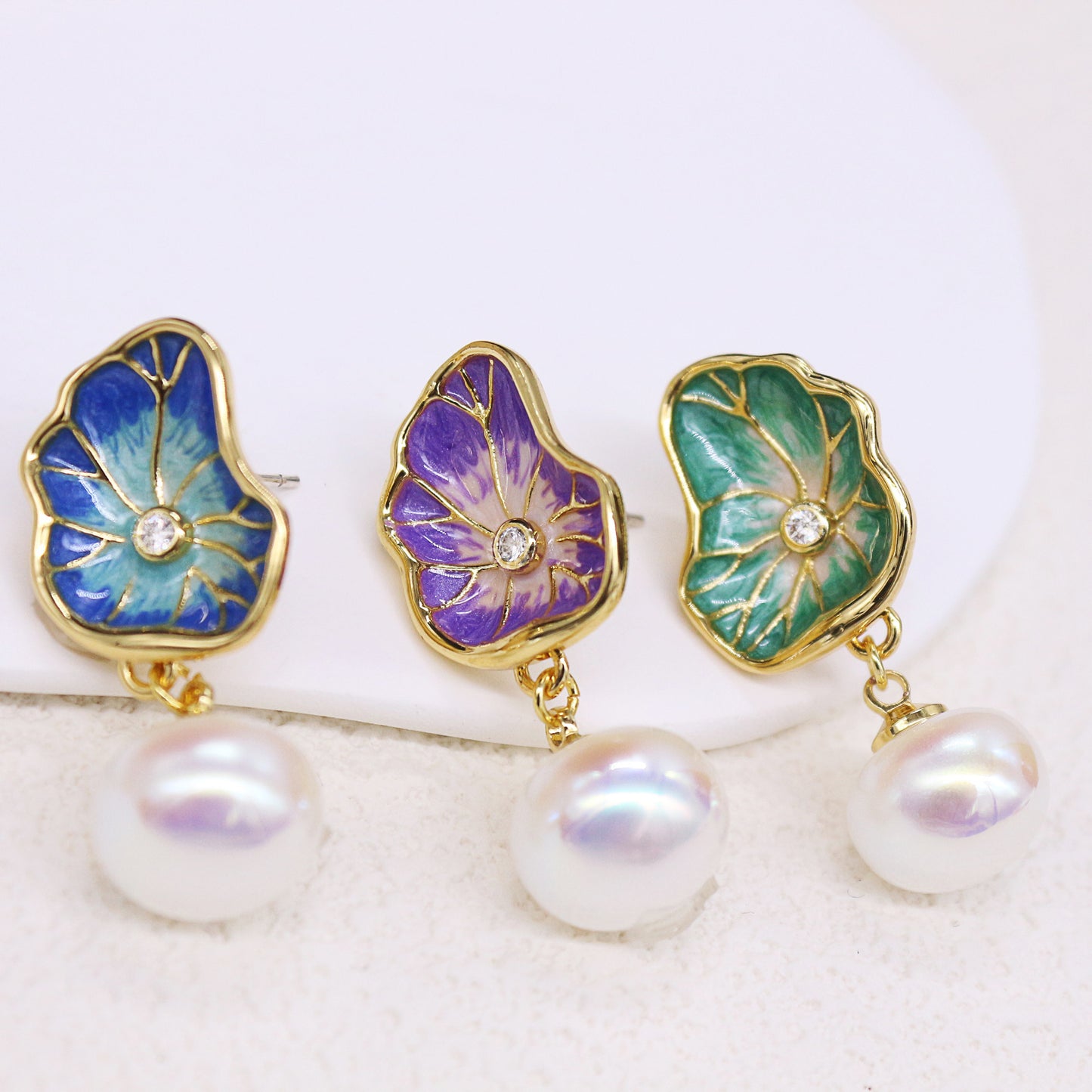 Enamel Lotus Leaf Pearl Earrings