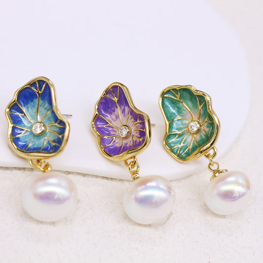 Enamel Lotus Leaf Pearl Earrings