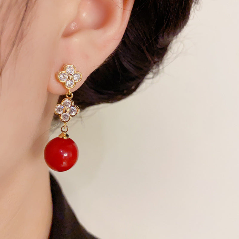 Rosabella Four Leaf Clover Red Pearl Earrings