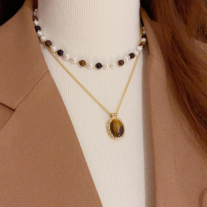 Hilary Double-layer Stacking  Pearl and Tiger-Eye Stone Necklace