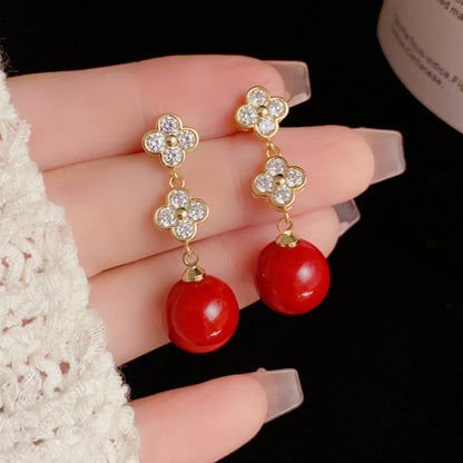 Rosabella Four Leaf Clover Red Pearl Earrings