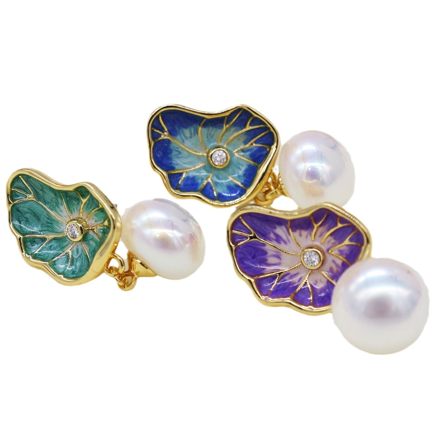 Enamel Lotus Leaf Pearl Earrings