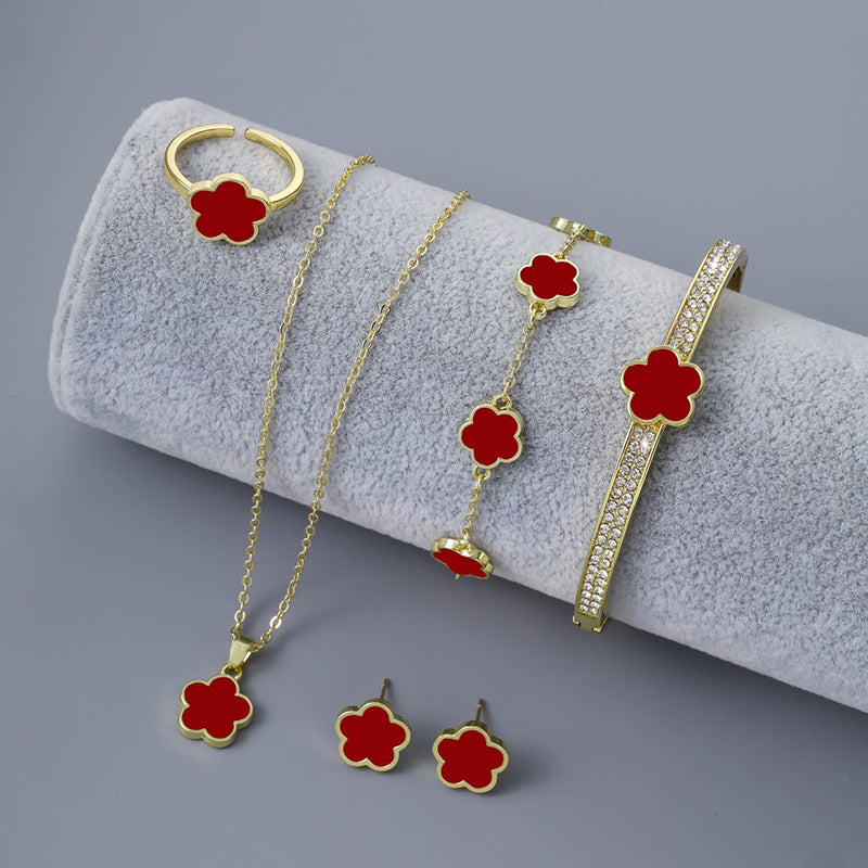 Five Flower Earrings Necklace Ring Bracelet Set