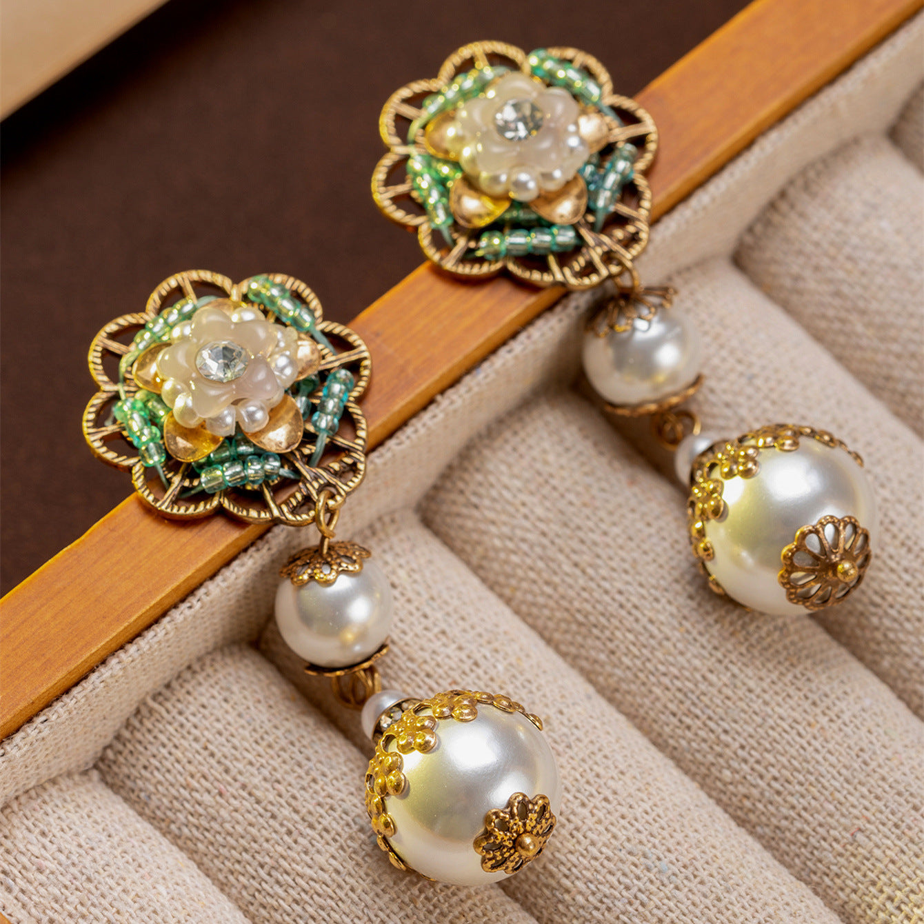 Fatima Vintage Pearl Flower Drop Earrings