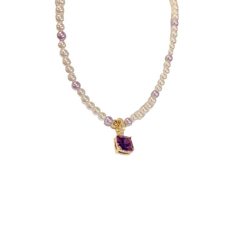 Marissa Imitation Pearl and Square Purple Diamond Pendant Necklace