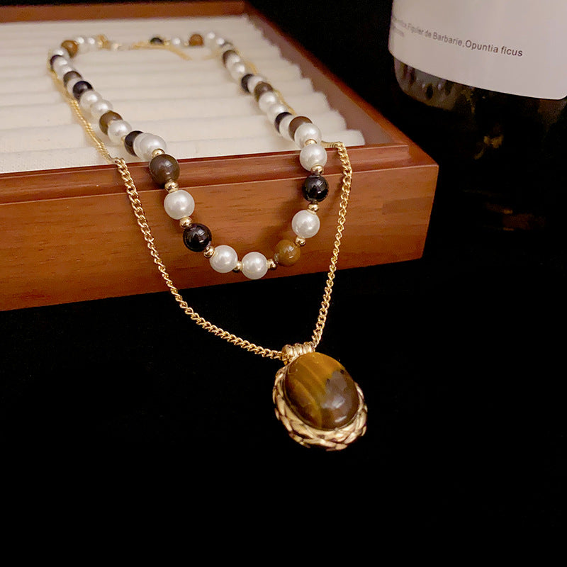 Hilary Double-layer Stacking  Pearl and Tiger-Eye Stone Necklace