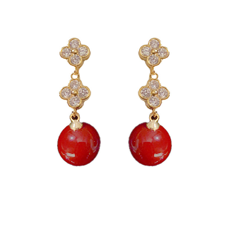 Rosabella Four Leaf Clover Red Pearl Earrings