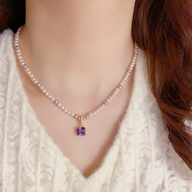 Marissa Imitation Pearl and Square Purple Diamond Pendant Necklace