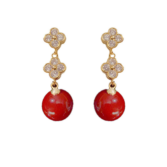 Rosabella Four Leaf Clover Red Pearl Earrings