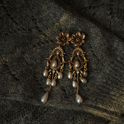 Claire Floral Pearl Teardrop Tassel Earrings
