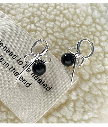 Bow Charm Pearl & Onyx Ear Cuffs