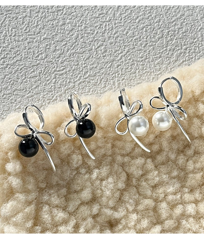 Bow Charm Pearl & Onyx Ear Cuffs